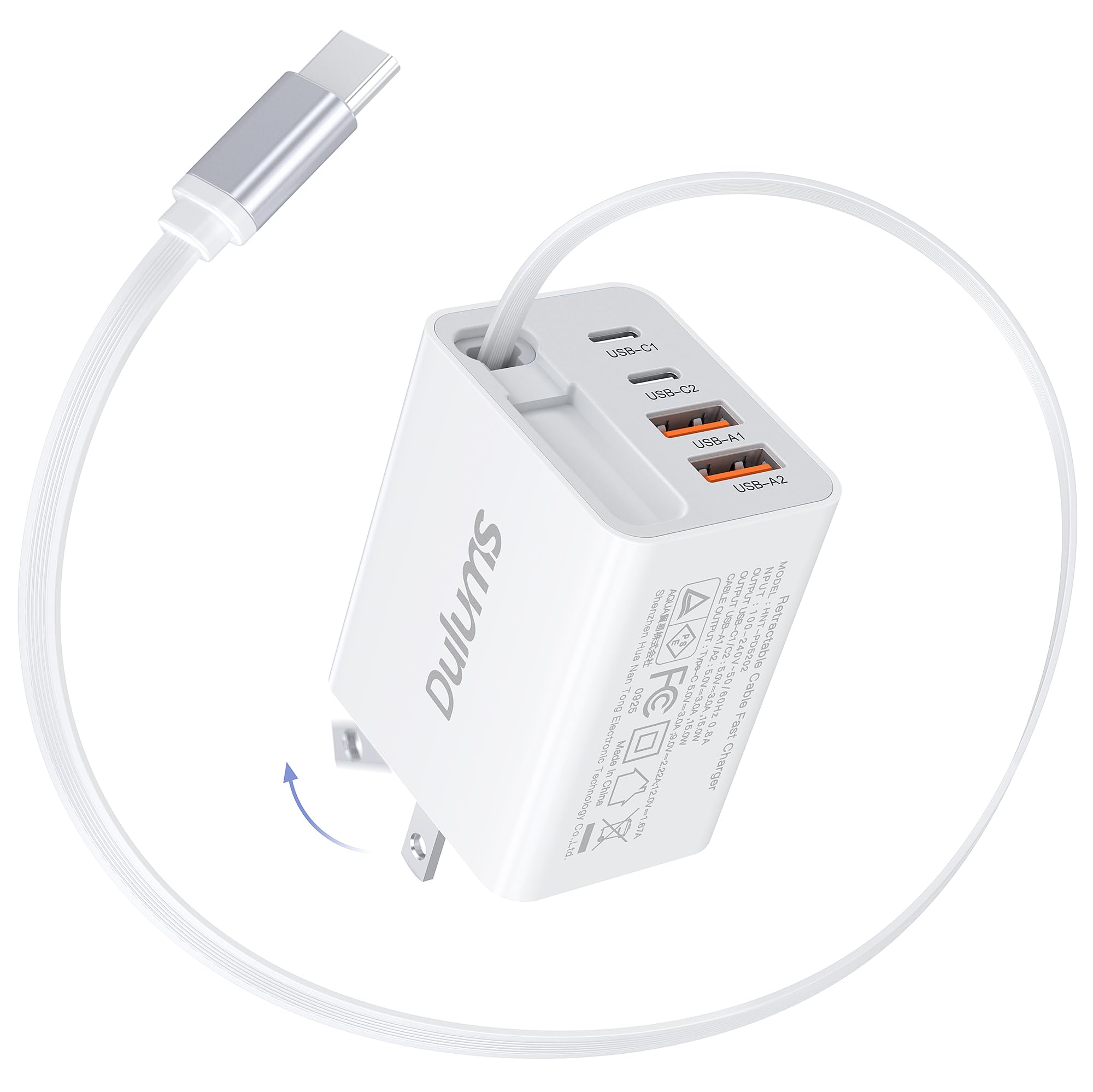 Dulums 40W retractable charger front view powers multiple devices