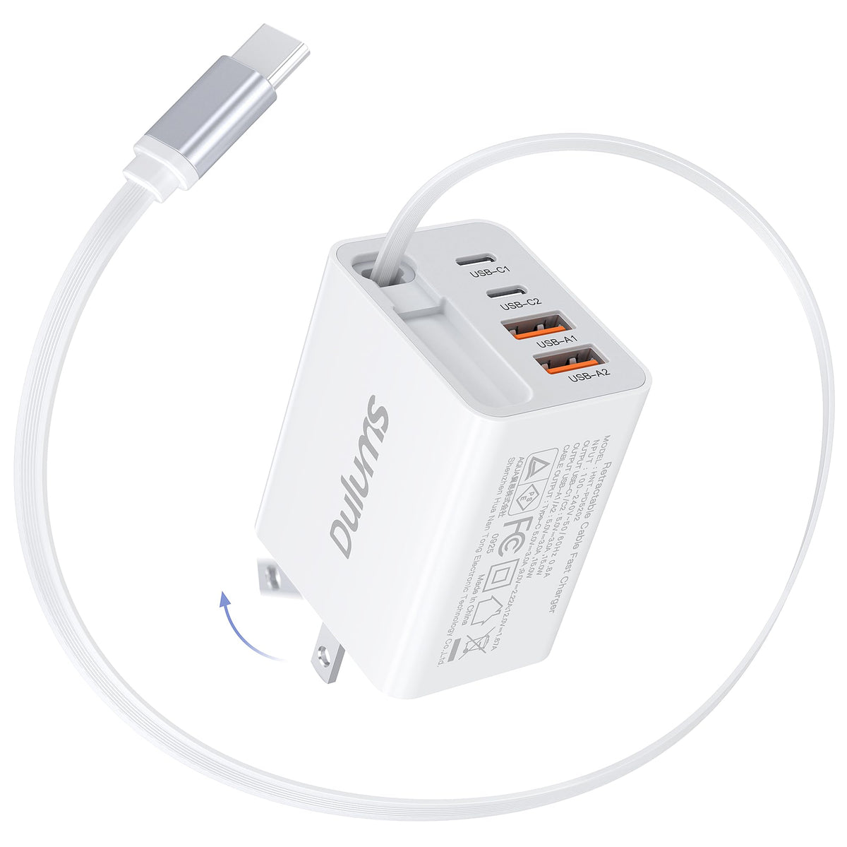 Dulums 40W retractable charger front view powers multiple devices