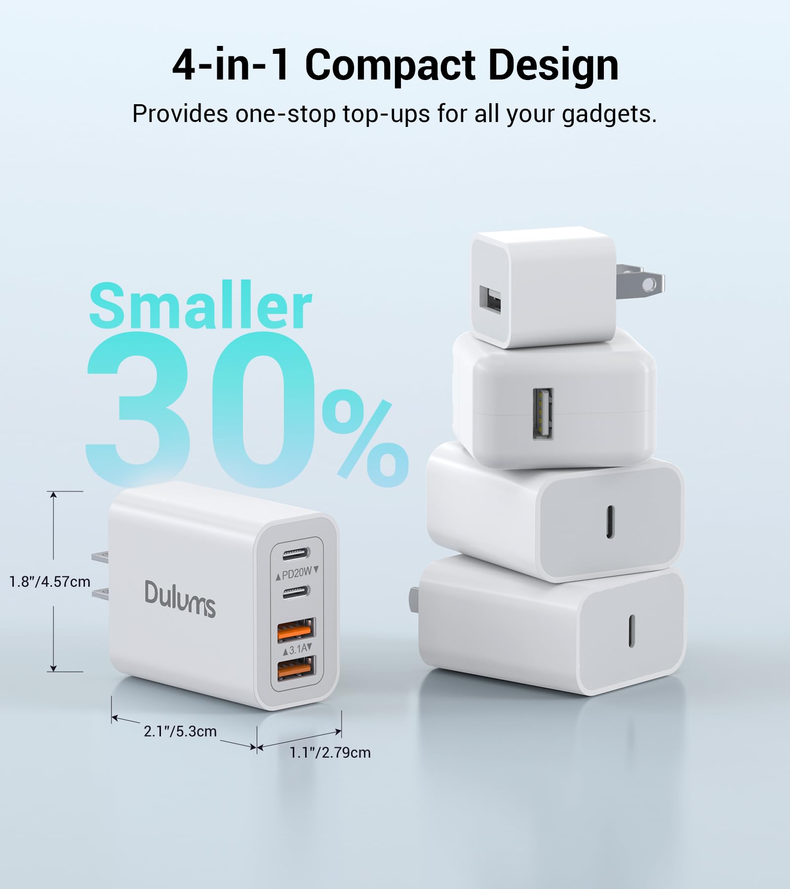 Dulums travel-ready charger cube fits easily in bags and pockets.