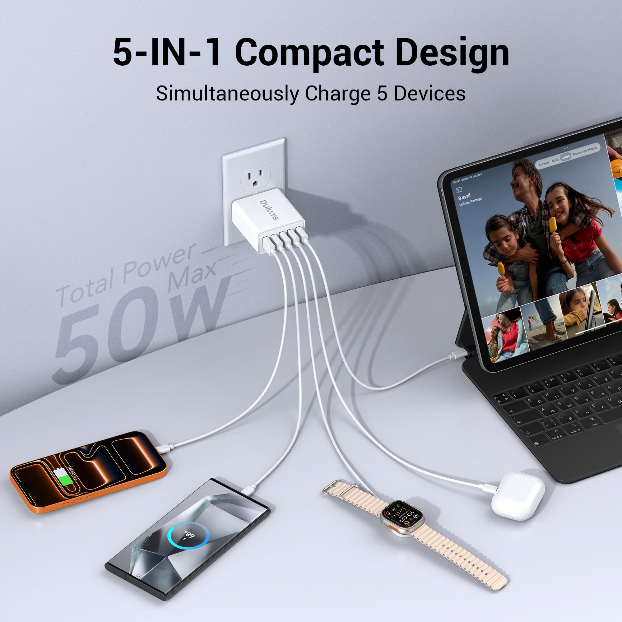 Dulums 5-port USB-A charger enables multiple devices to charge together.