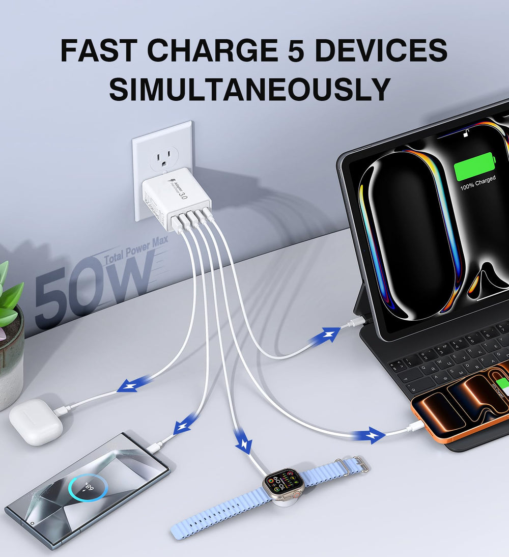 Dulums 50W 5-port PD fast charger angled view for quick device charging