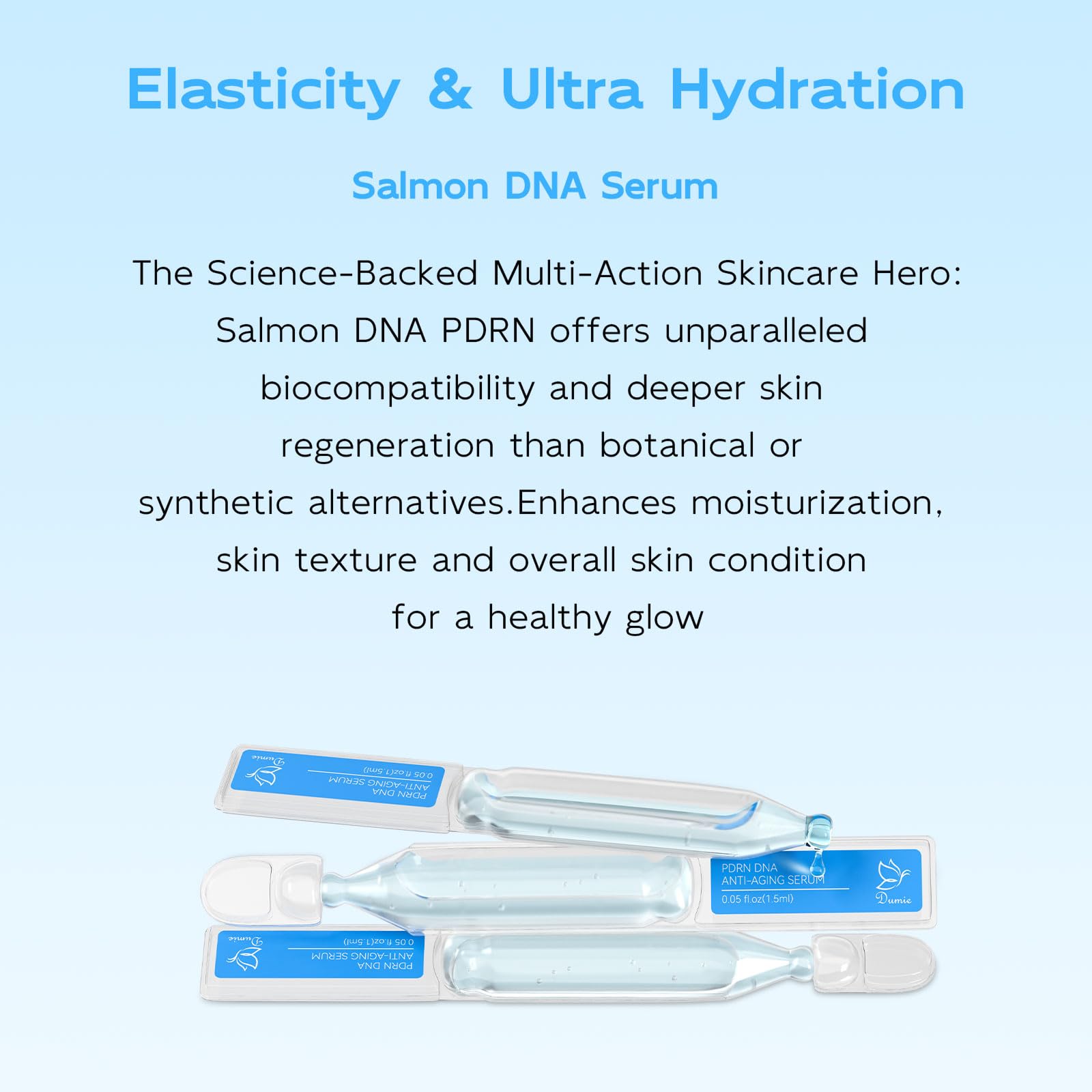 Brand aesthetic for Dumie Salmon DNA Serum with clean, blue skincare visuals.