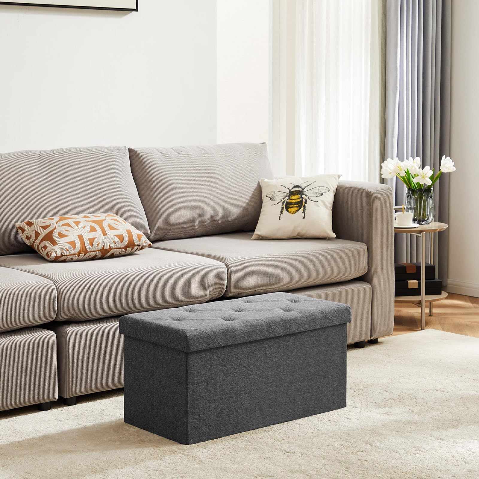 DUMOS storage ottoman bench gray with open compartment for organized storage