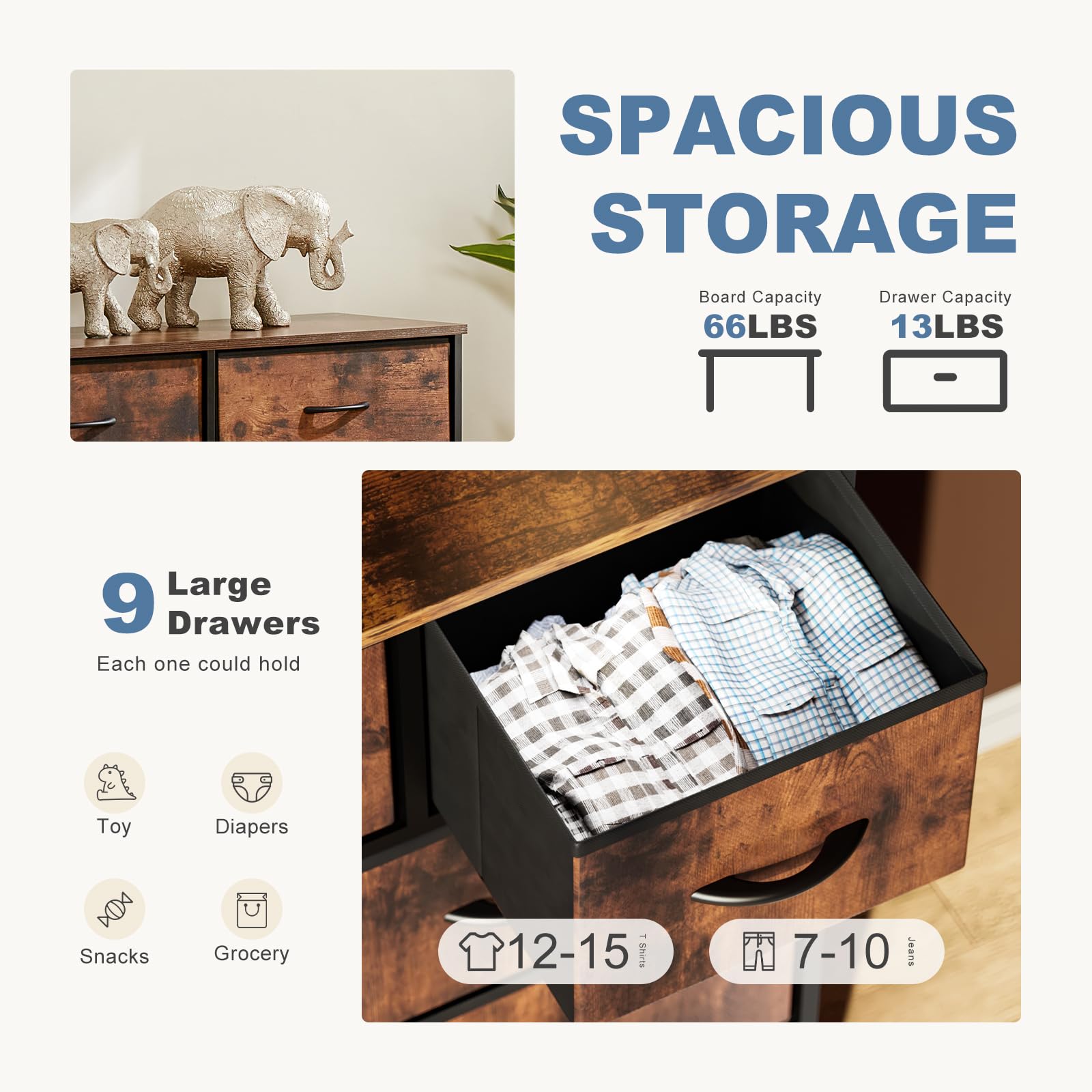 Anti-tipping design of DUMOS dresser enhances safety.