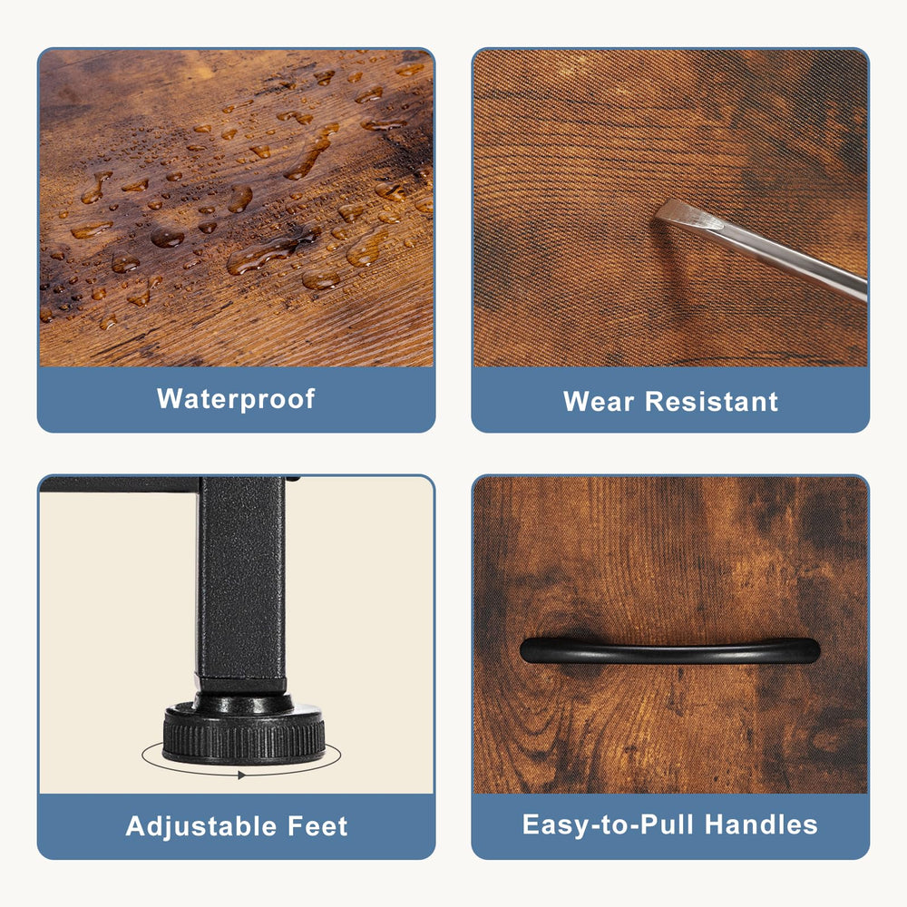 Wooden tabletop on DUMOS dresser supports lamps and decor.