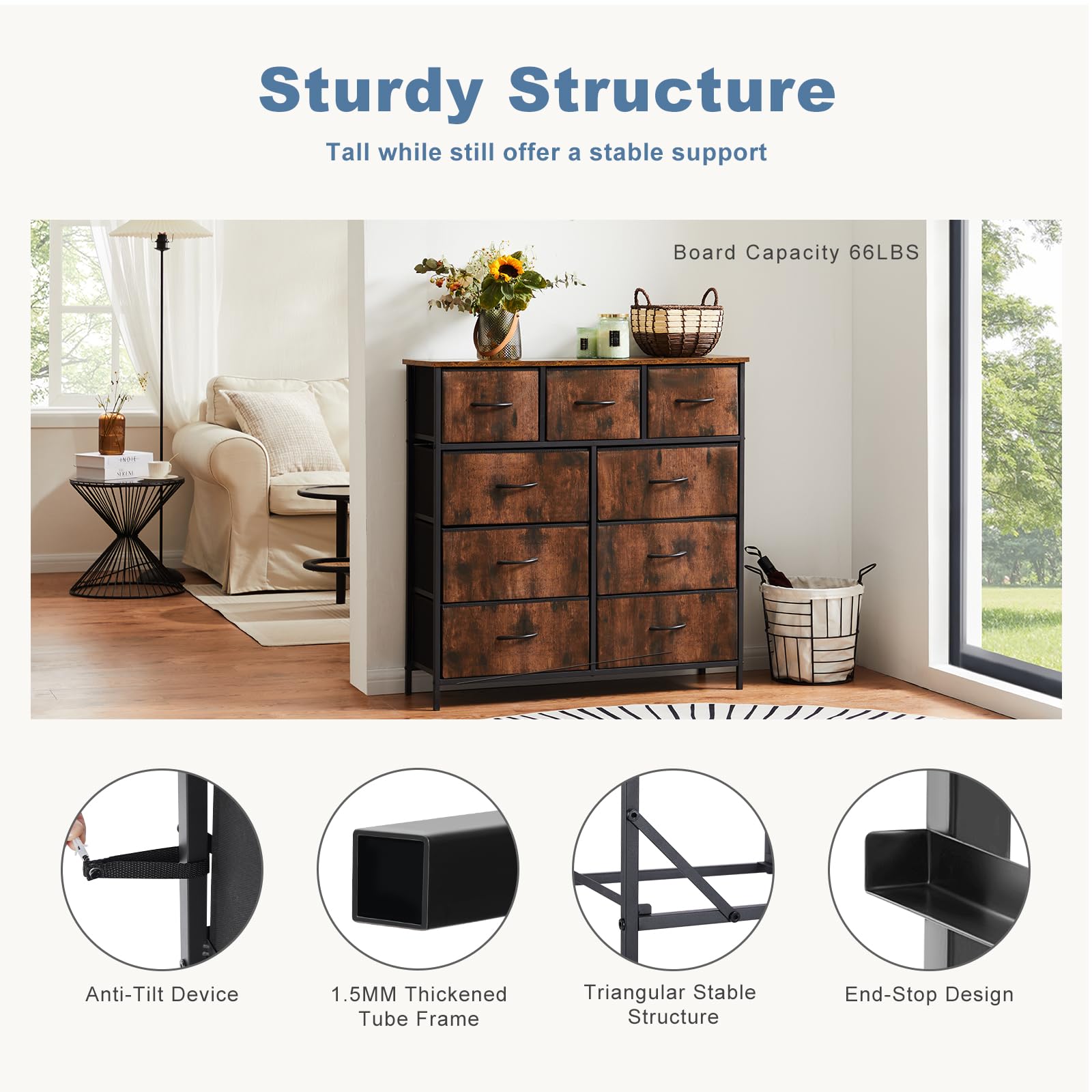 Assembled DUMOS dresser suits bedroom, guest room, or entryway.