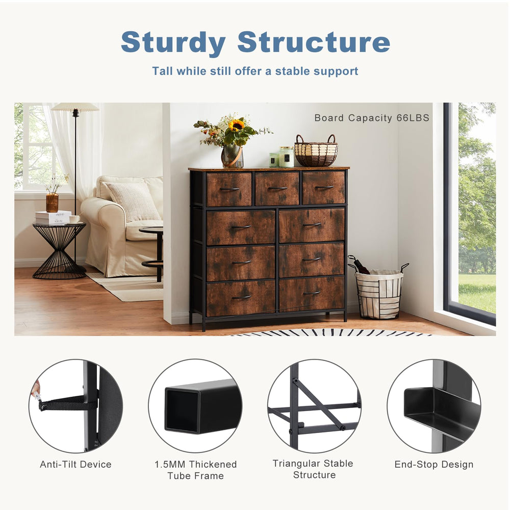 Assembled DUMOS dresser suits bedroom, guest room, or entryway.