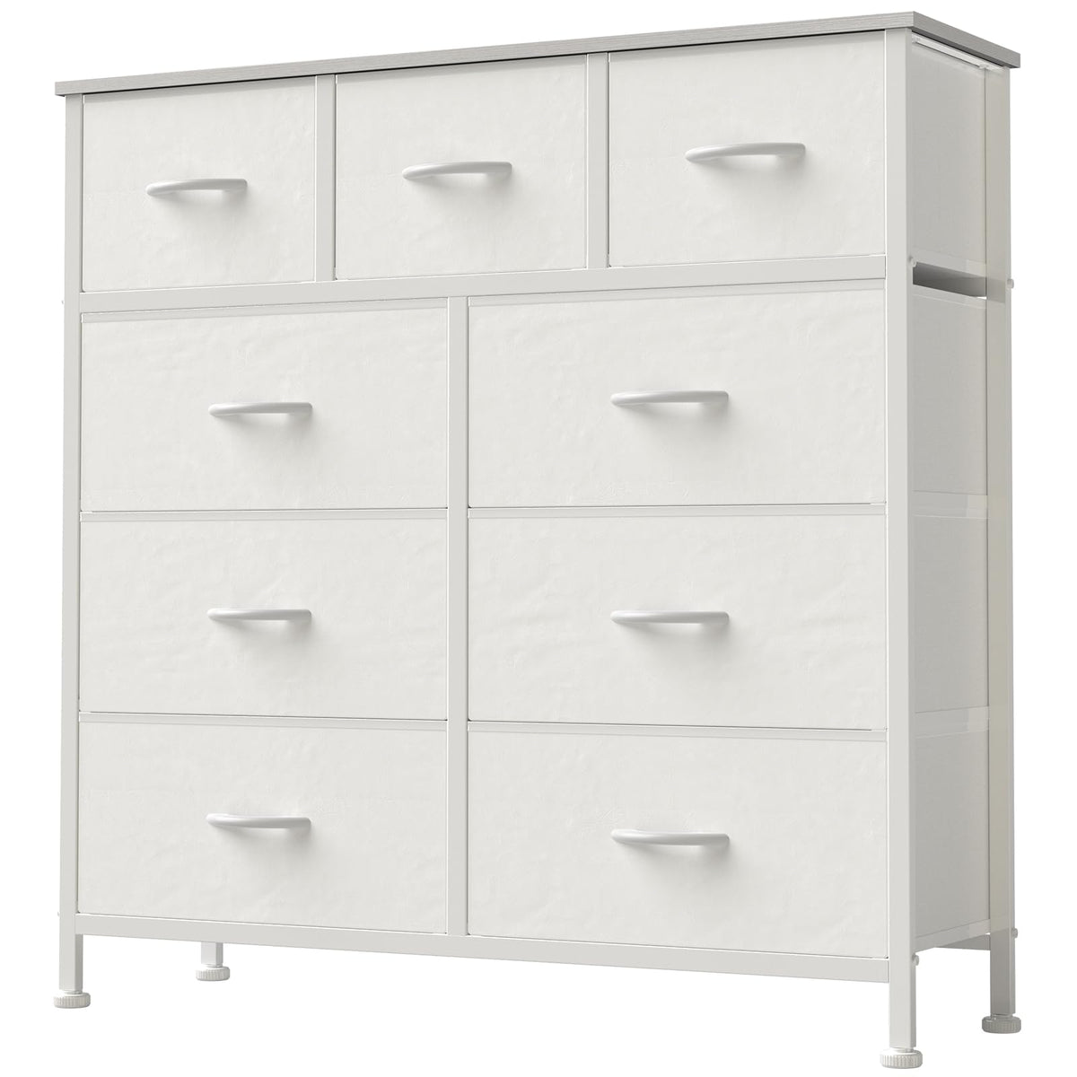 DUMOS dresser with nine drawers and wood top for organized bedroom storage.