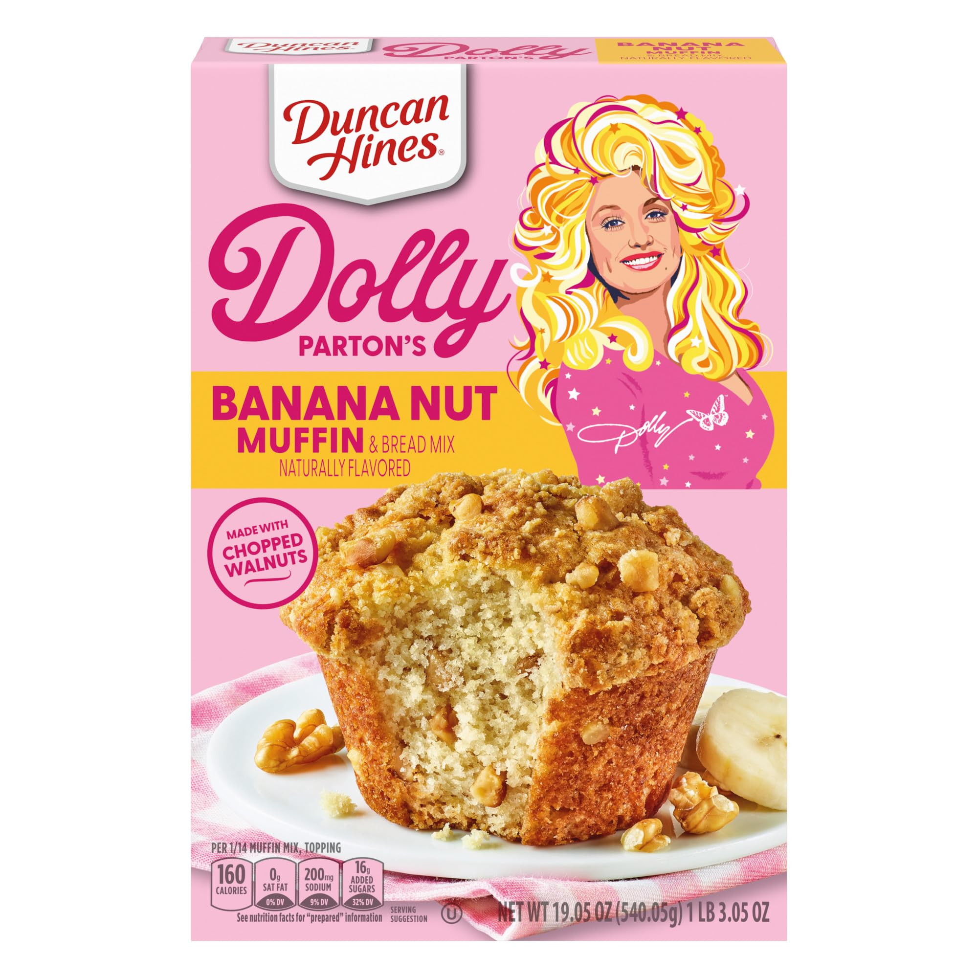 Duncan Hines Dolly Parton banana nut muffin mix box — quick, tasty mornings.