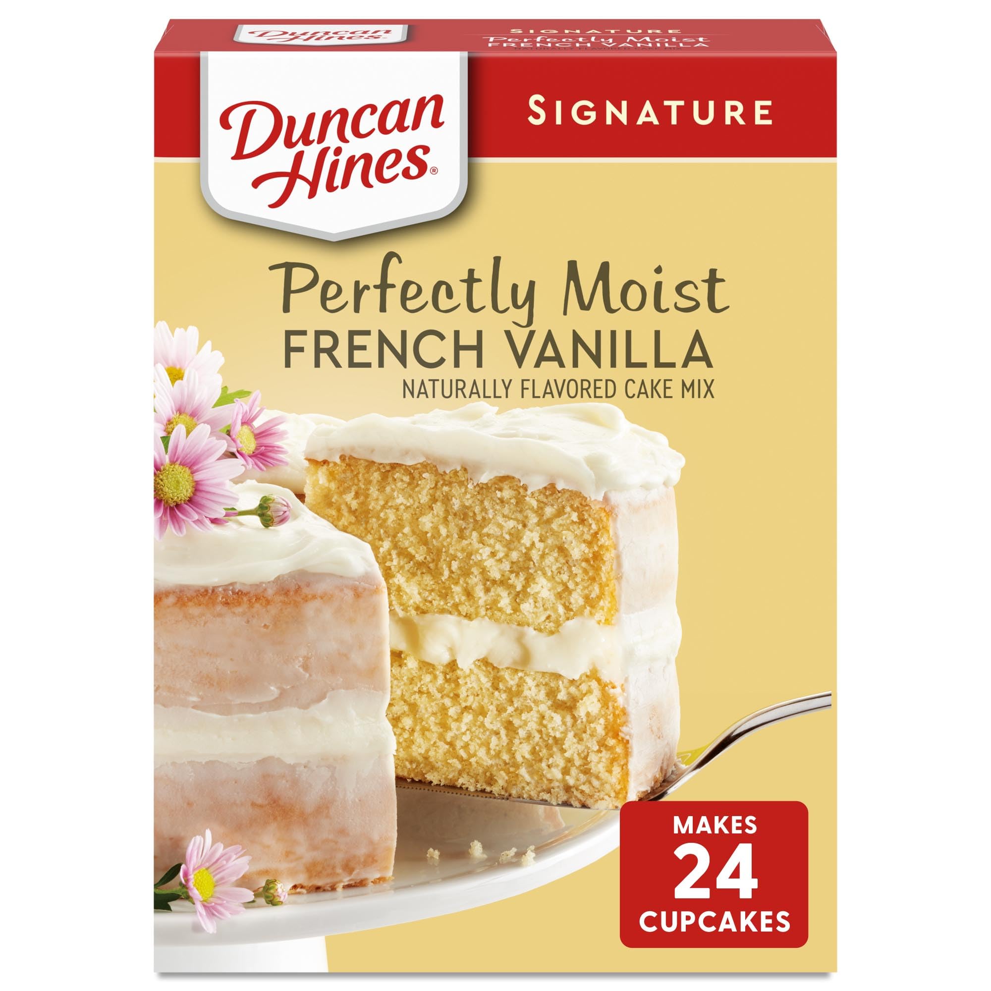 Duncan Hines French Vanilla Cake Mix box on counter ready for Easter baking