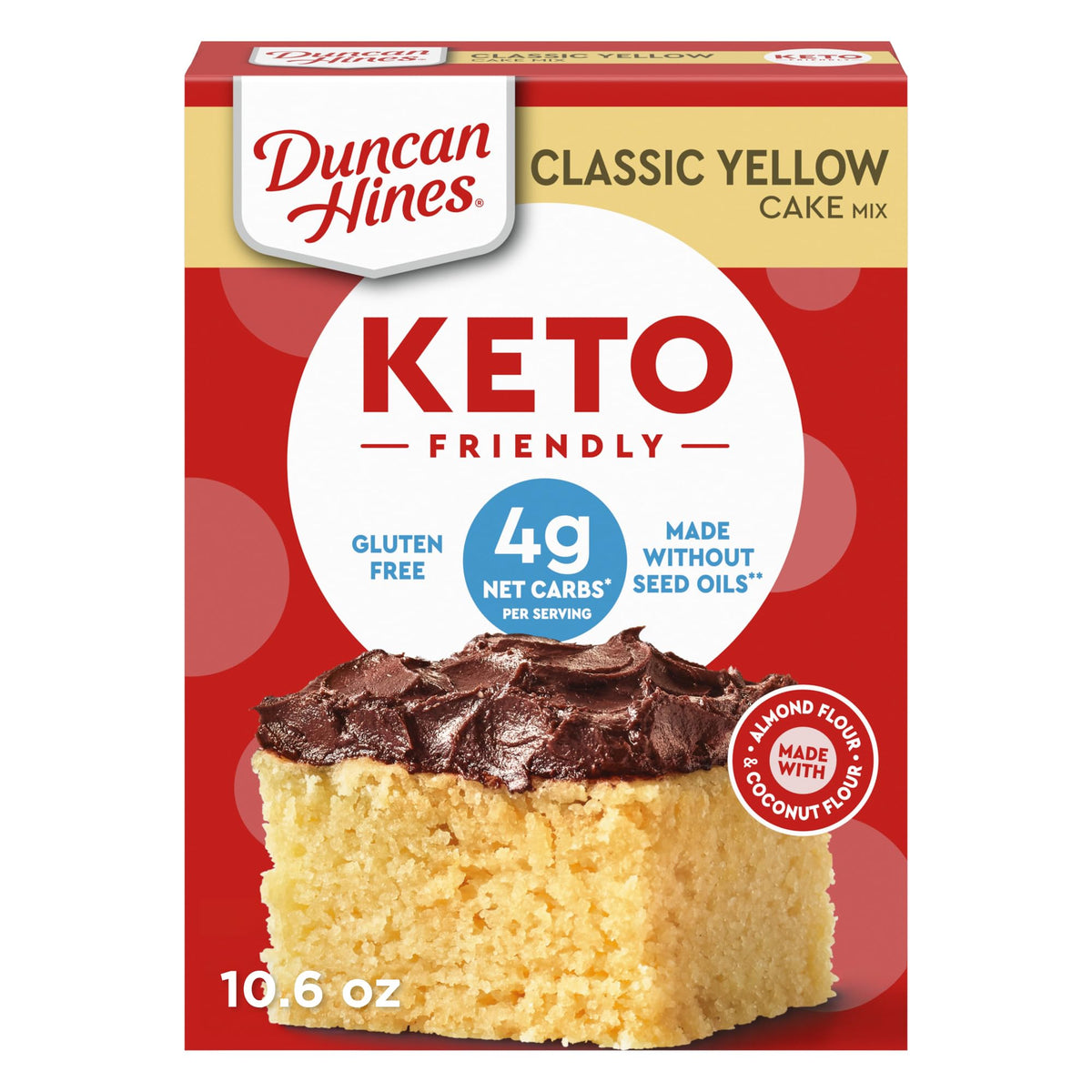 Duncan Hines Keto Yellow Cake Mix box highlighting gluten-free, low-carb option.