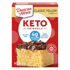Duncan Hines Keto Yellow Cake Mix box highlighting gluten-free, low-carb option.