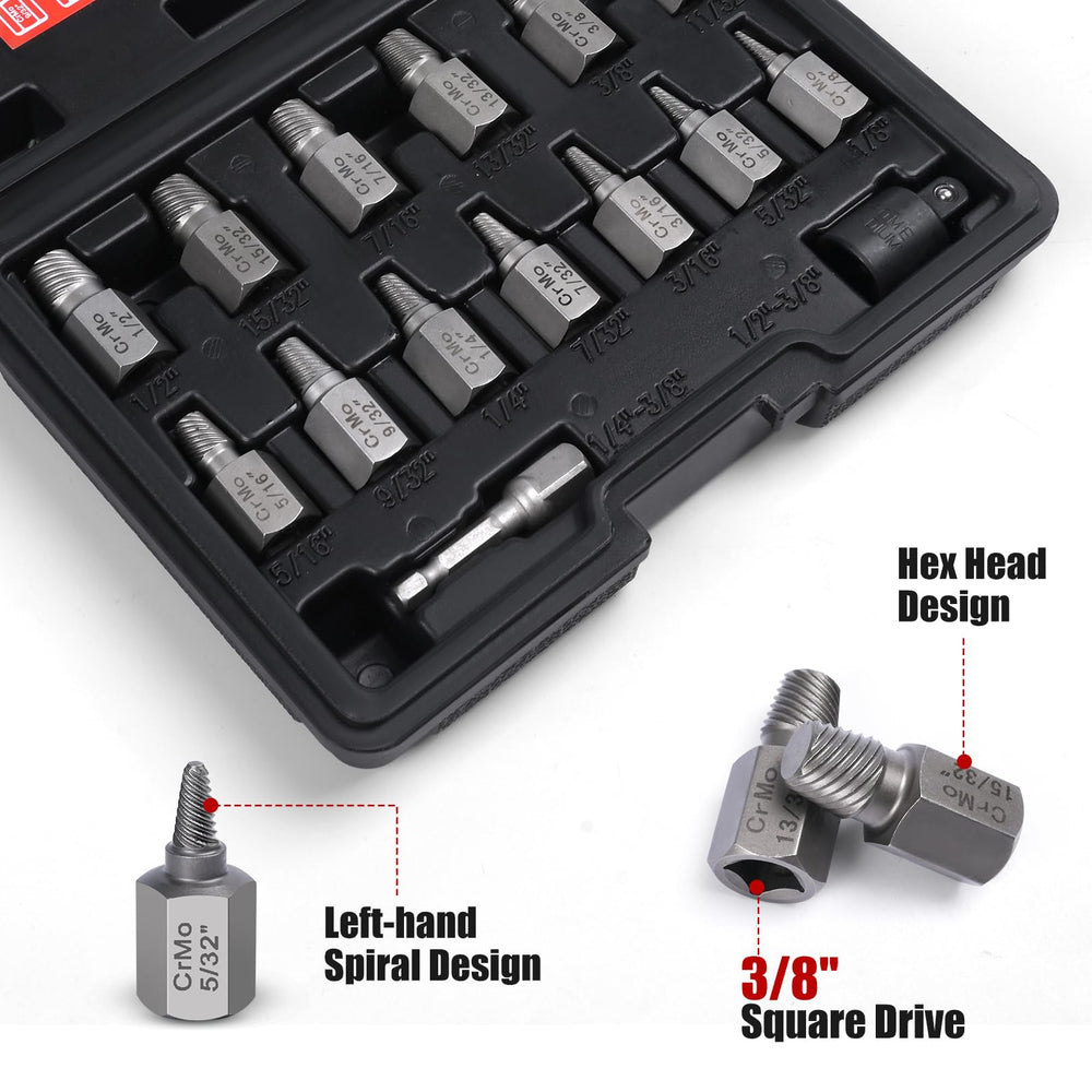 DUNDOO hex head multi-spline extractors provide strong grip with rapid threading.
