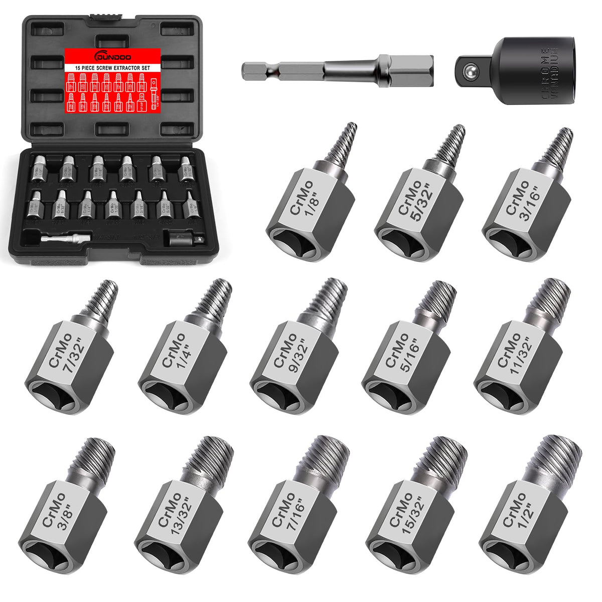 DUNDOO 15-piece screw extractor set enables quick damaged-bolt removal.