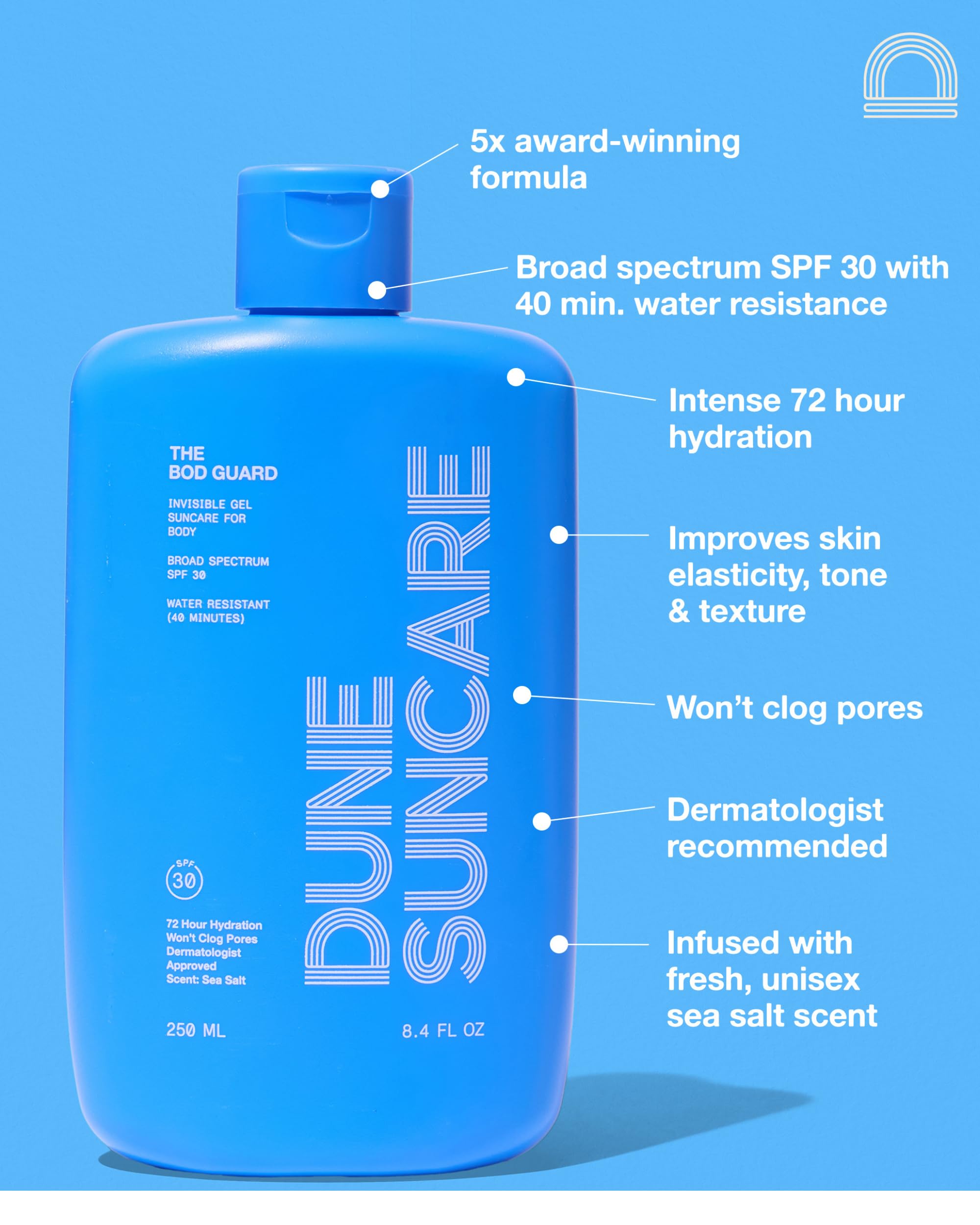 Dune Suncare Bod Guard label close up highlighting SPF 30 protection