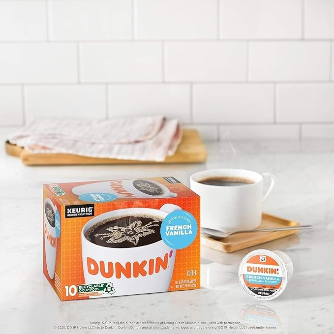 Dunkin coffee pods close-up showing label and rich color