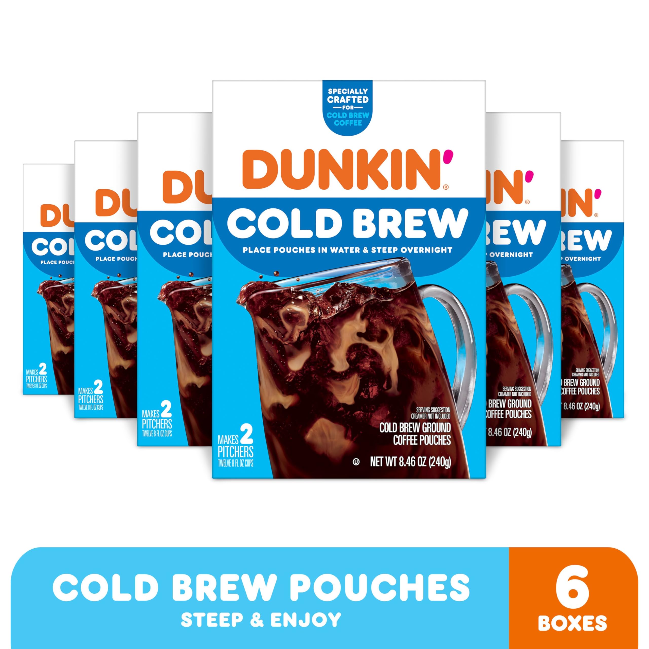 Dunkin cold brew packs shown with two-pitcher setup ideal for preparing multiple servings.