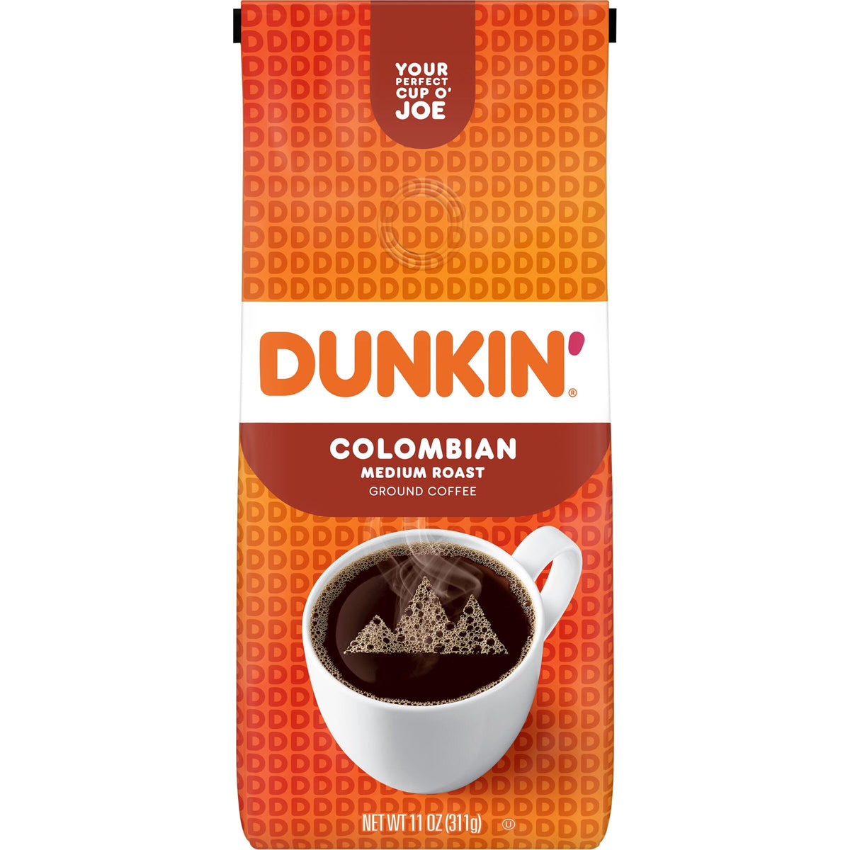 Dunkin 100% Colombian ground coffee pack with bright aroma for mornings.