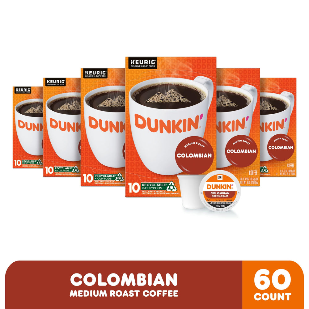 Six boxes of Dunkin' Colombian K-Cup pods shown for daily use