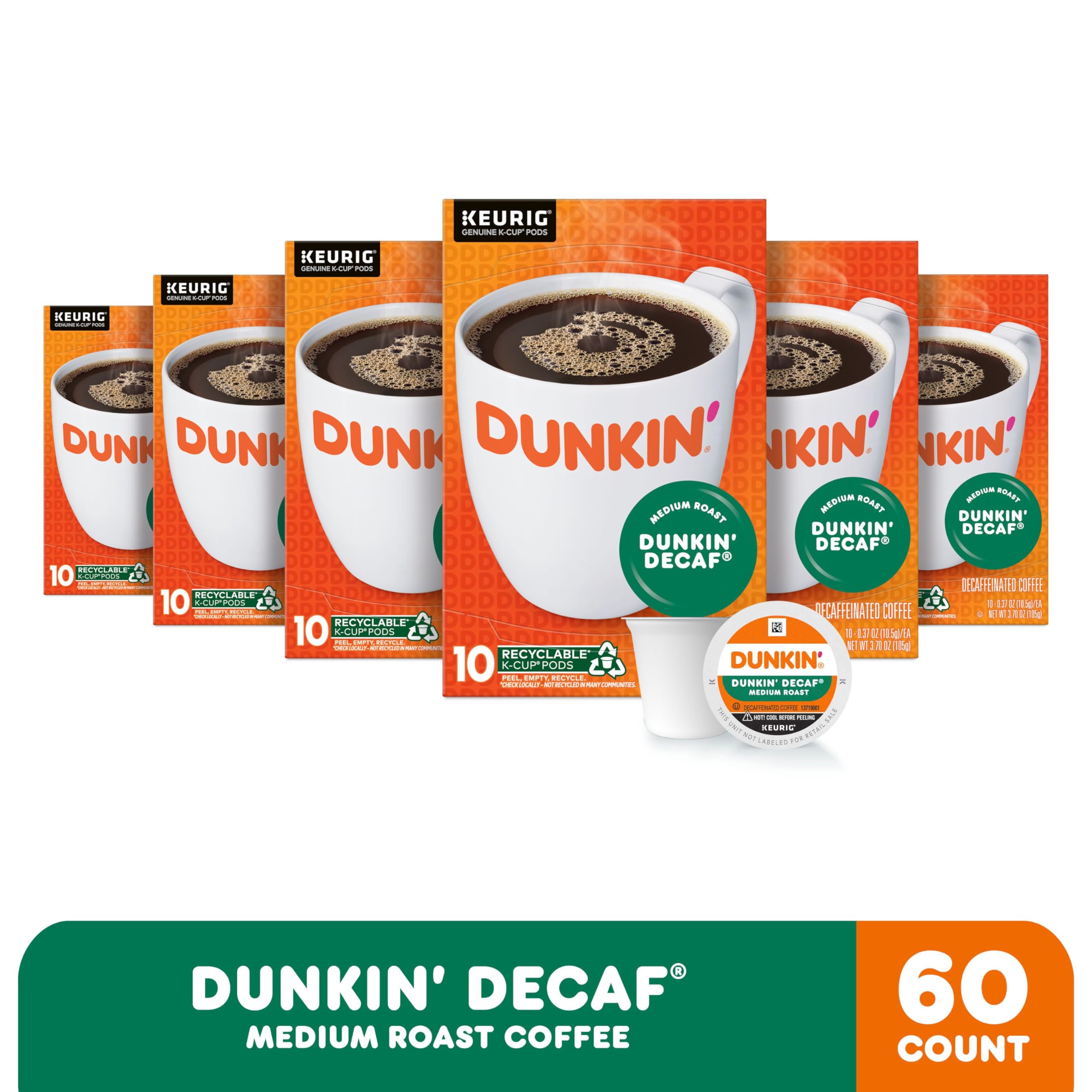 Dunkin Decaf K-Cup pods closeup highlighting smooth decaf flavor.