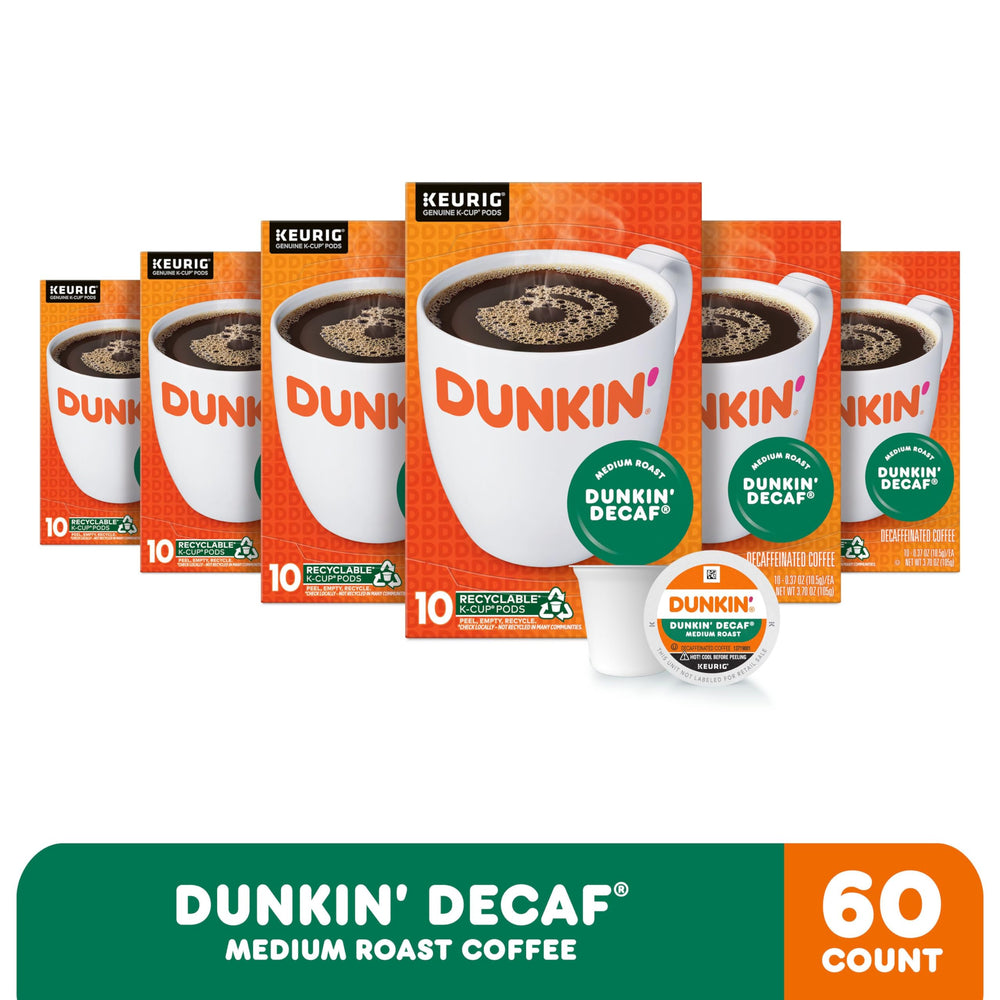 Dunkin Decaf K-Cup pods closeup highlighting smooth decaf flavor.