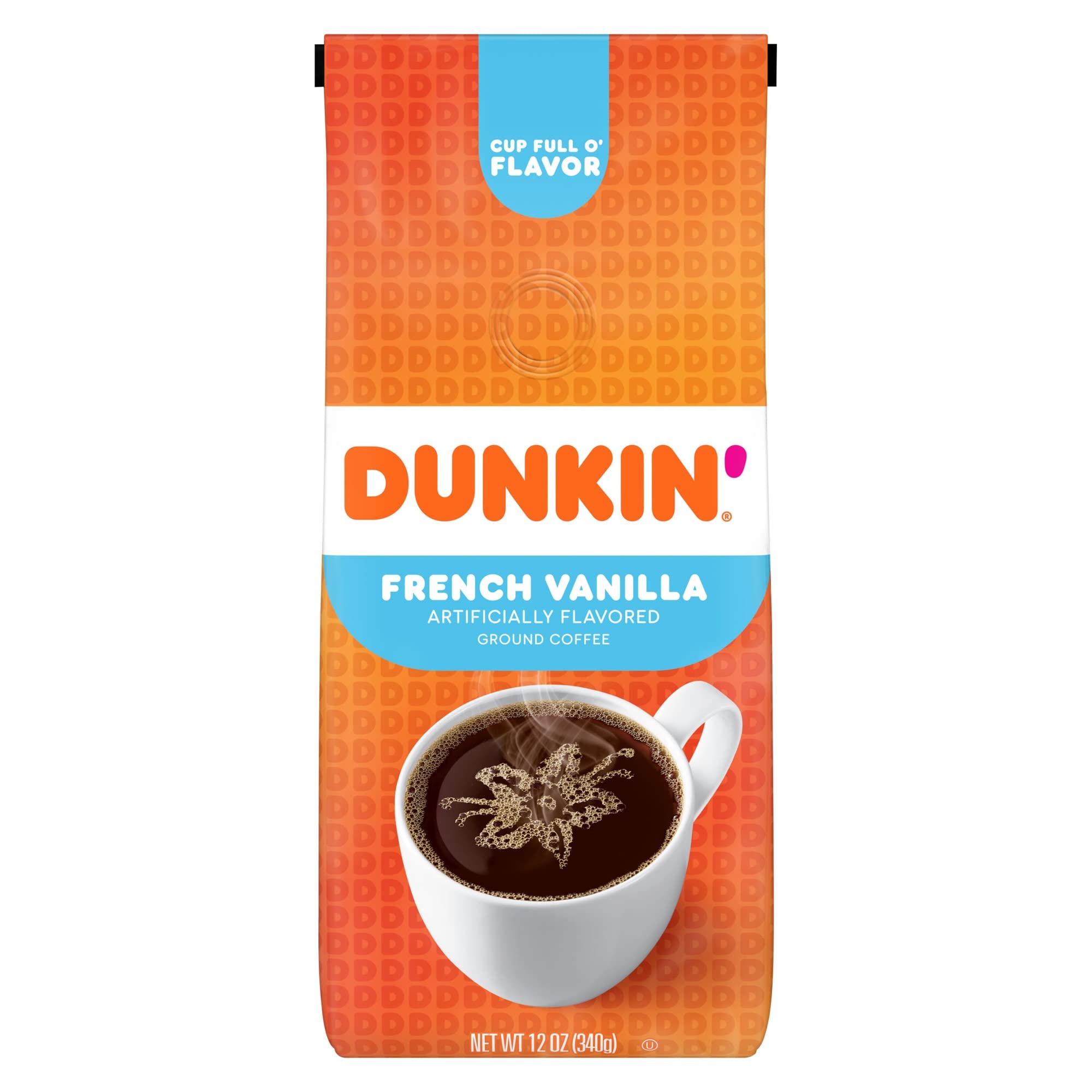 Dunkin' Donuts French Vanilla coffee bag ready for easy home brewing.