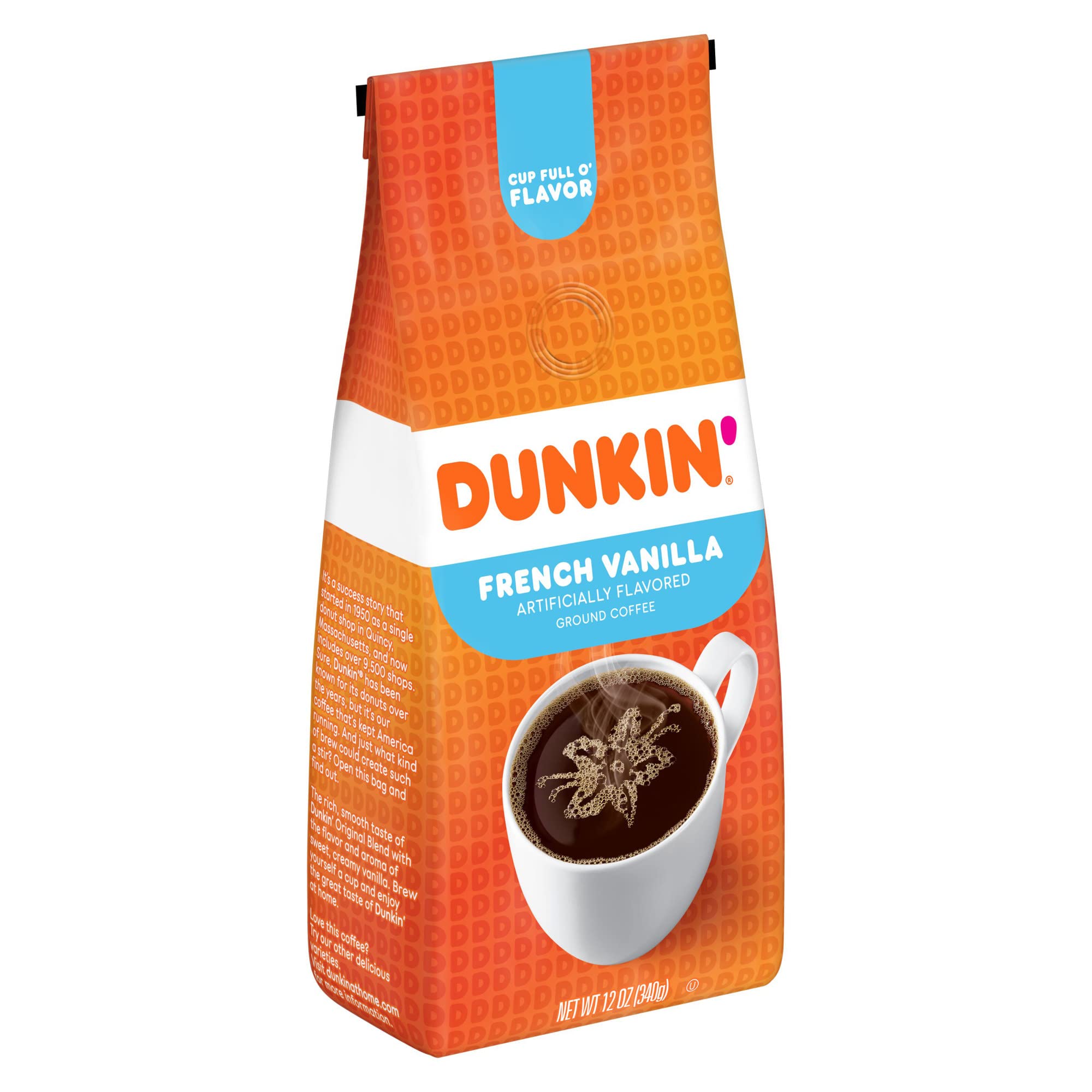 Dunkin' Donuts French Vanilla ground coffee close-up highlighting smooth vanilla aroma.