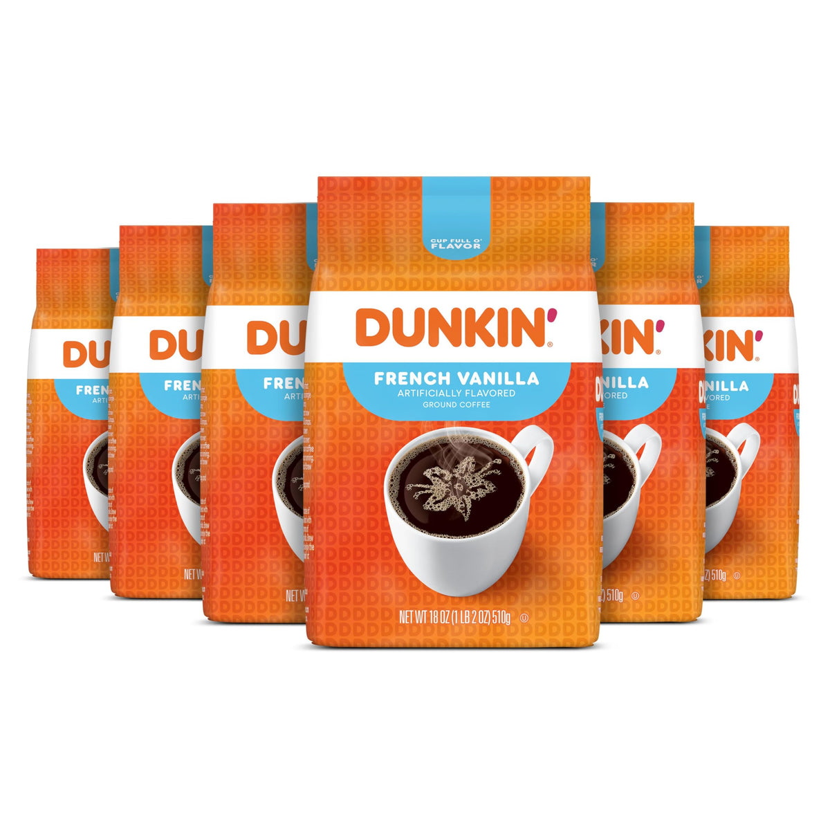 Dunkin' French Vanilla ground coffee bags for easy home brewing.