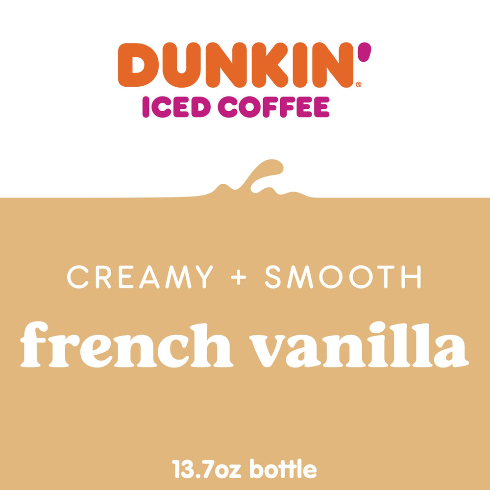 Dunkin' French Vanilla Iced Coffee bottle on ice, refreshing caffeine boost on a hot day.