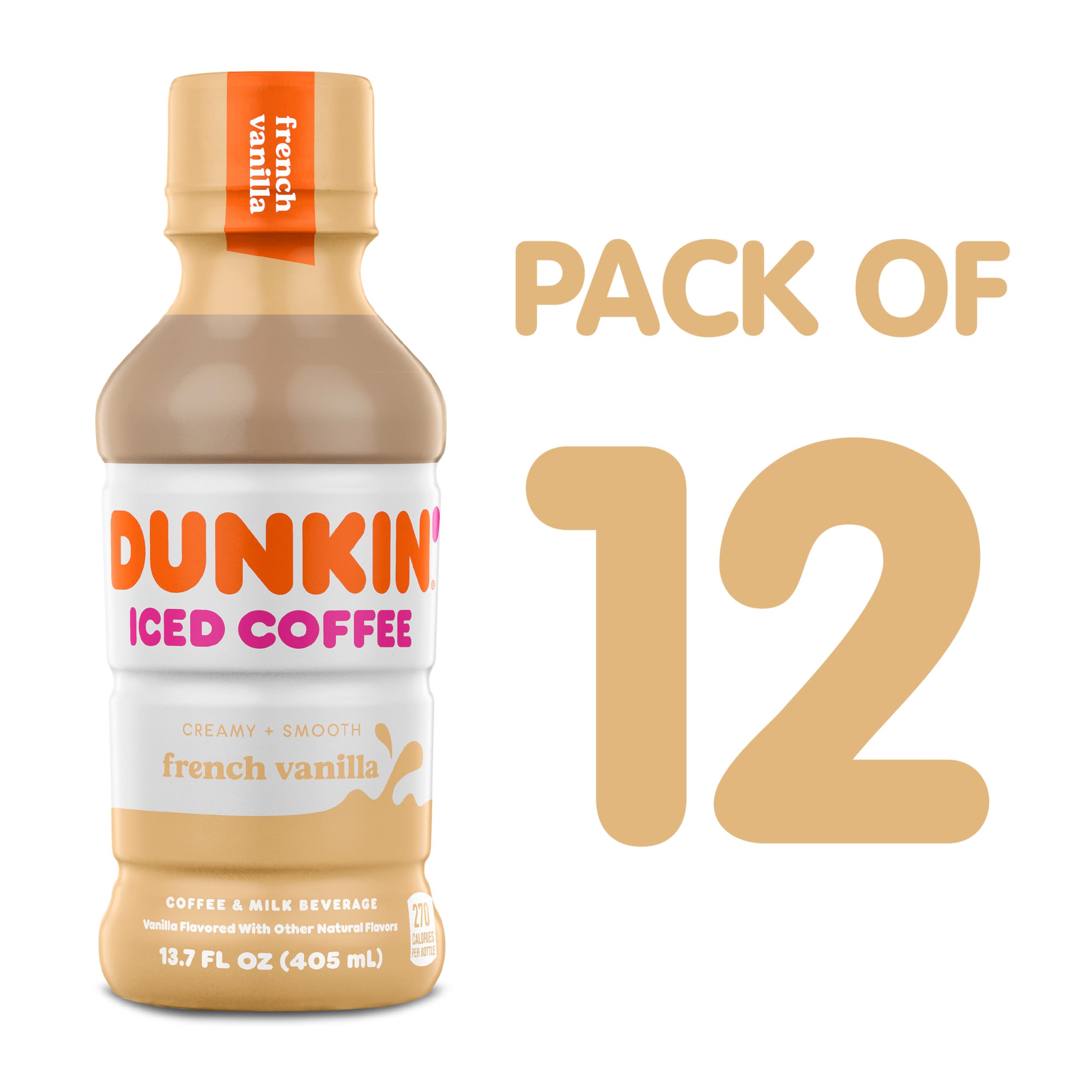Dunkin' French Vanilla Iced Coffee bottle nutrition label, 184 mg caffeine per bottle.