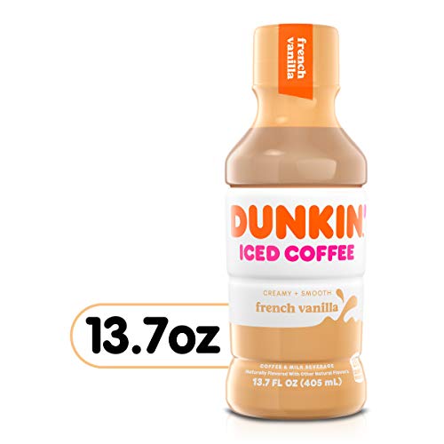 Dunkin' French Vanilla Iced Coffee bottle with ice cubes, perfect for warm weather.