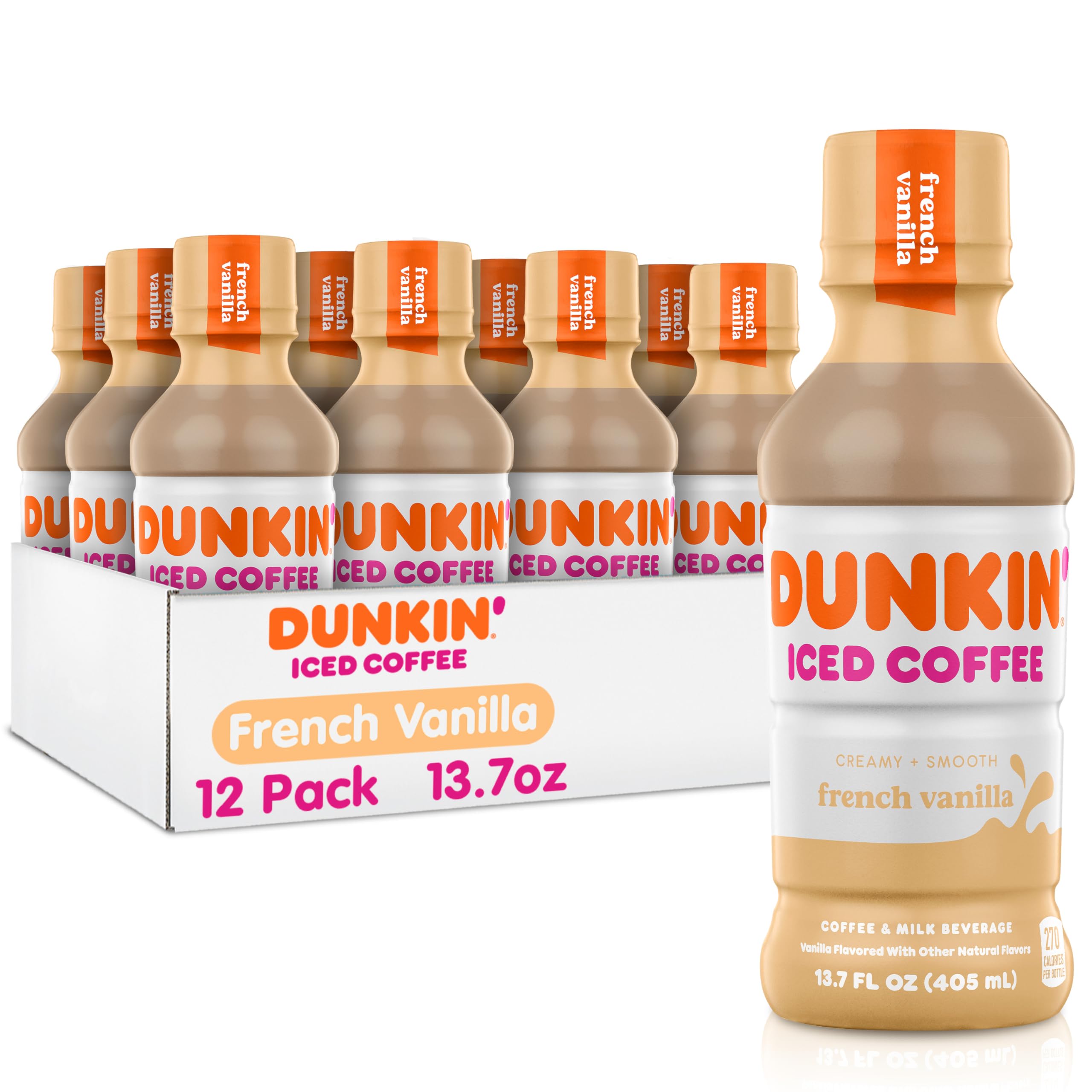 Dunkin' French Vanilla Iced Coffee bottle on table, rich ready-to-drink flavor.