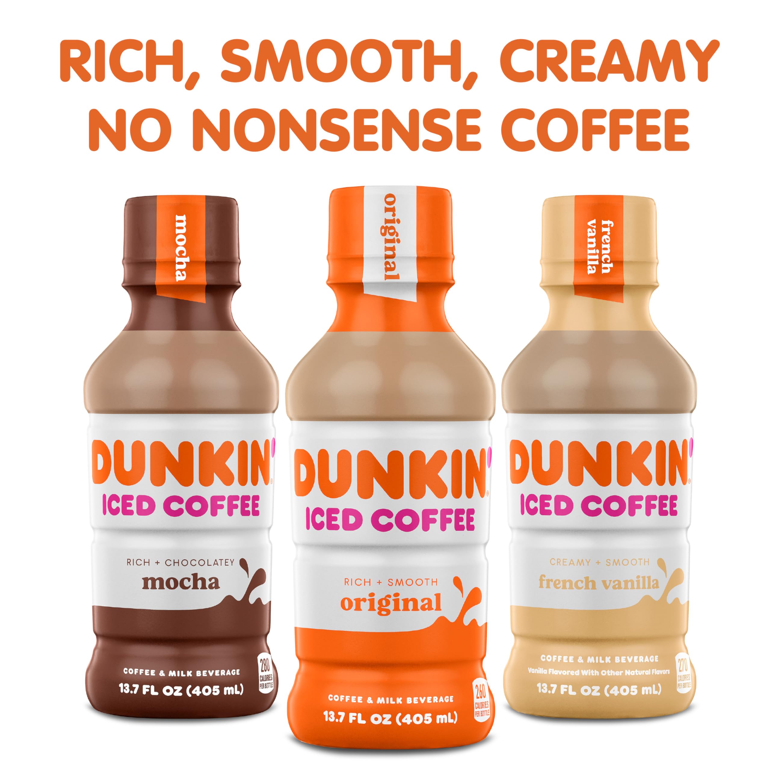 Pouring Dunkin' French Vanilla Iced Coffee into a glass, creamy vanilla flavor.