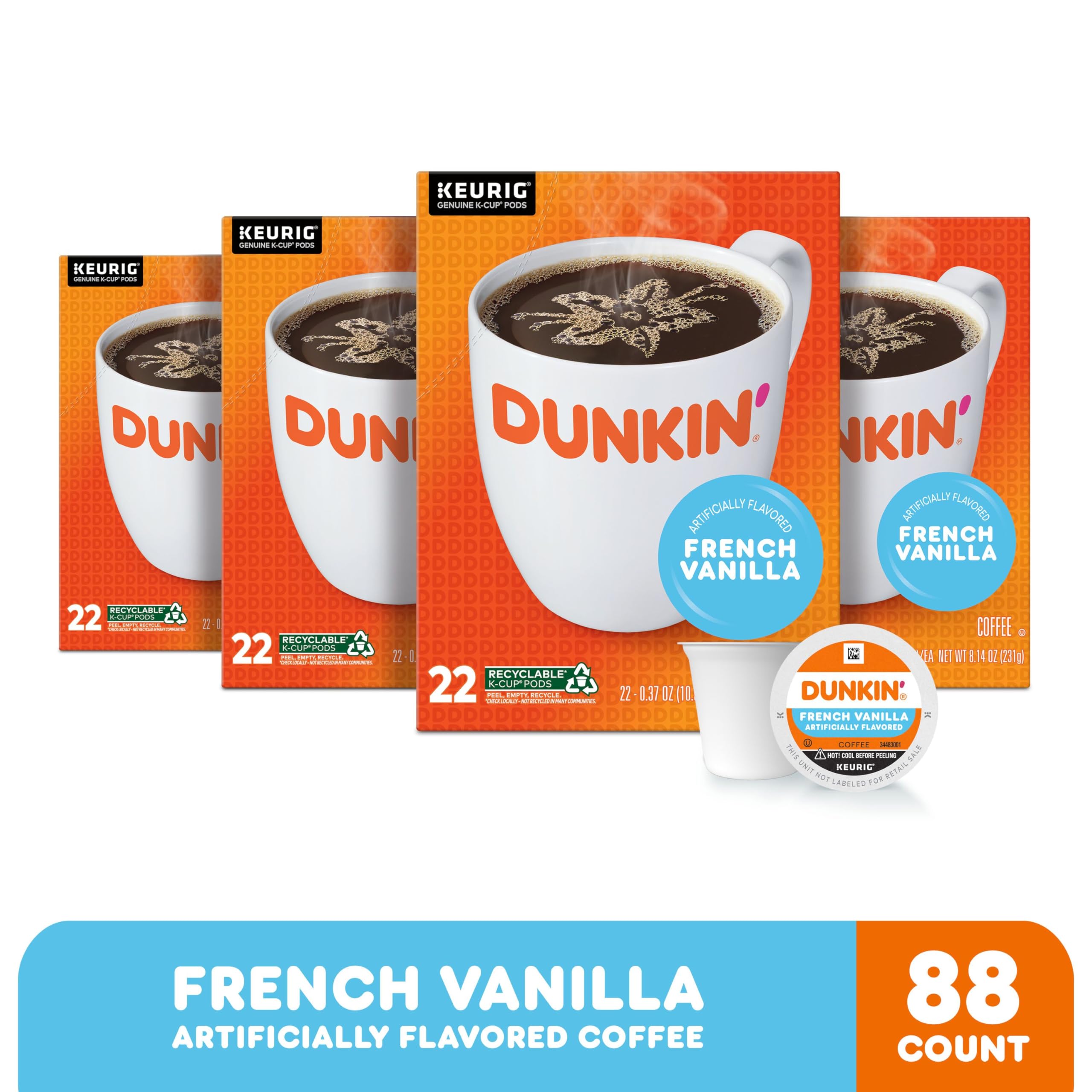 Dunkin French Vanilla medium roast coffee pods ready for quick cup moments.