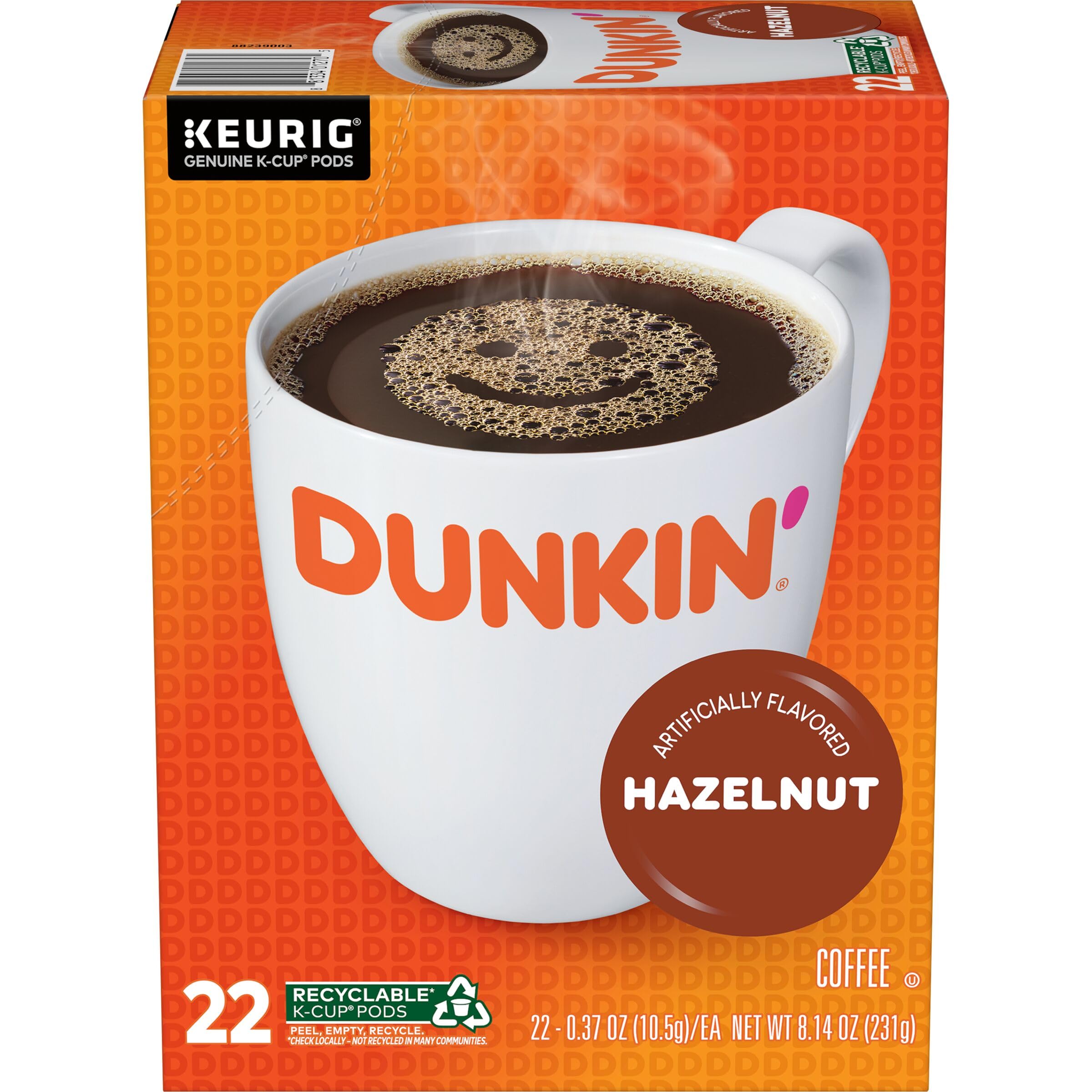 Dunkin Hazelnut packaging display of convenient pods.