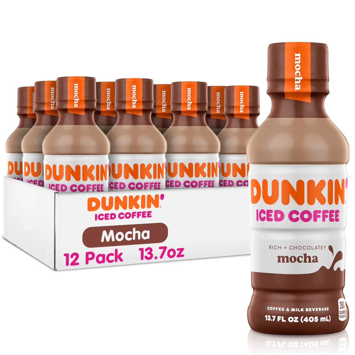 Dunkin Mocha Iced Coffee bottle front highlights rich flavor and convenient caffeine boost