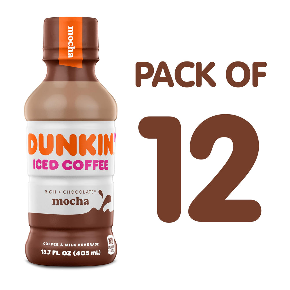 Dunkin Mocha Iced Coffee bottle pour captures smooth milk and coffee