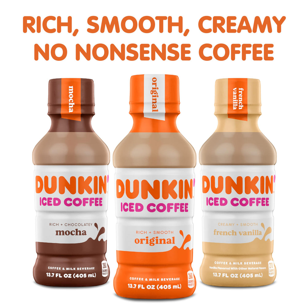 Dunkin Mocha Iced Coffee in fridge suggests ready-to-serve refreshment