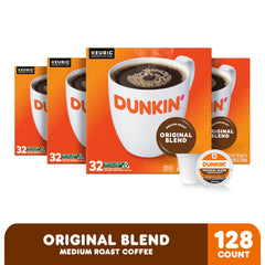 Four 32-count boxes of Dunkin Original Blend for busy households.