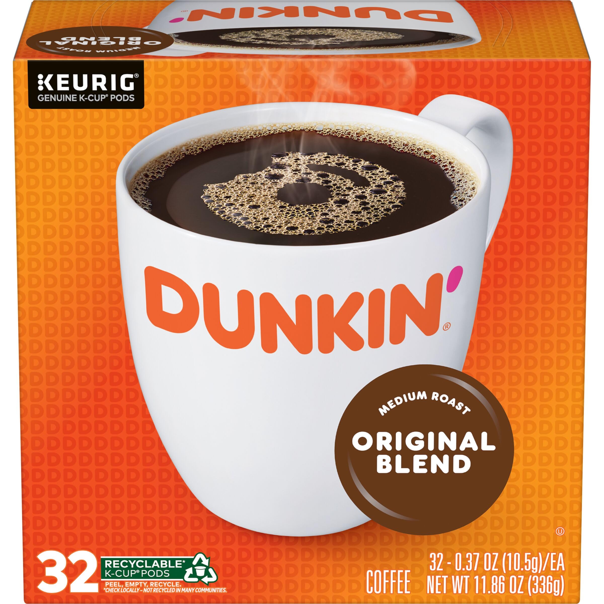 Dunkin Original Blend Decaf K-Cup pods in a box, ready for convenient home brewing.