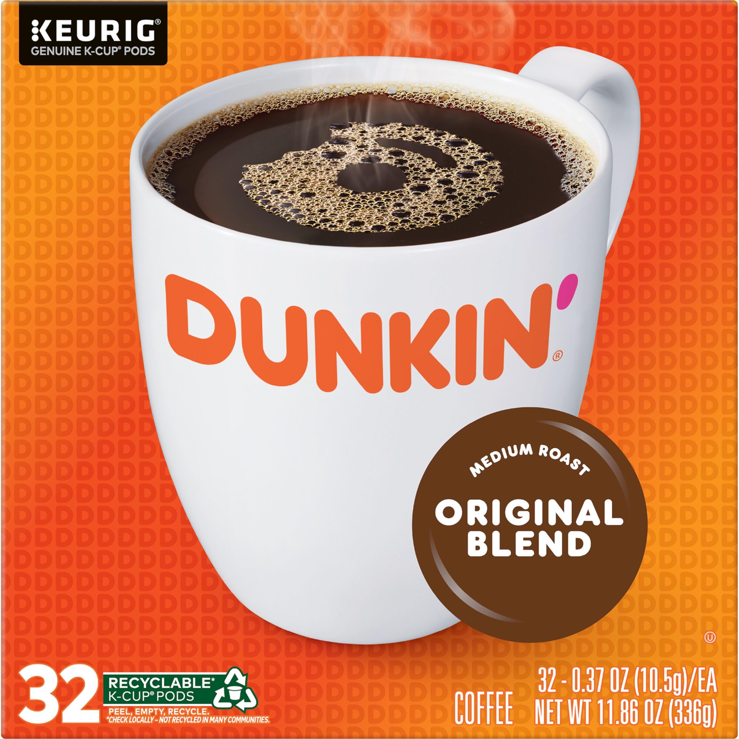 Dunkin Original Blend Decaf K-Cup pods on a kitchen countertop for easy access.