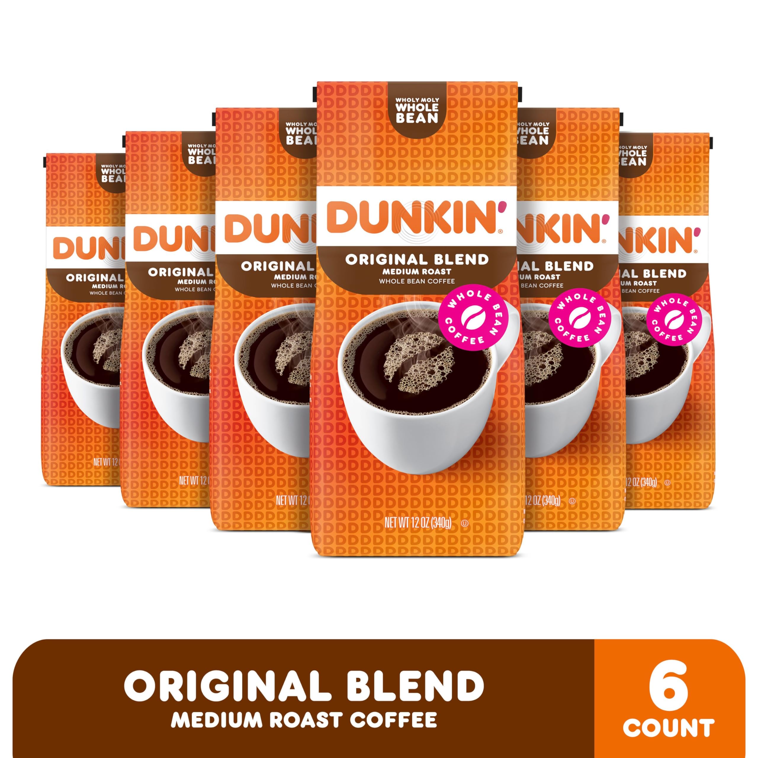 Dunkin Original Blend medium roast whole beans ready to grind for fresh flavor.