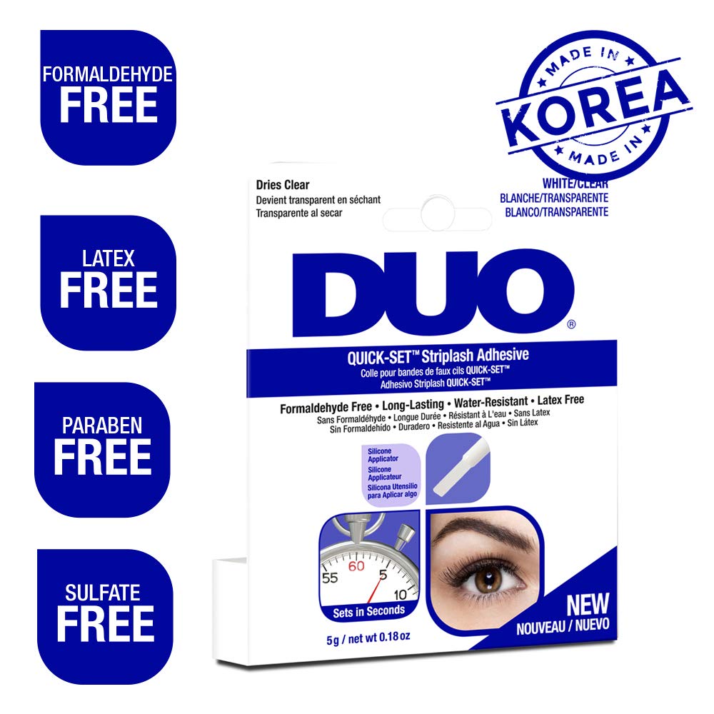 DUO fast-drying eyelash glue near a mirror illustrating speedy set.