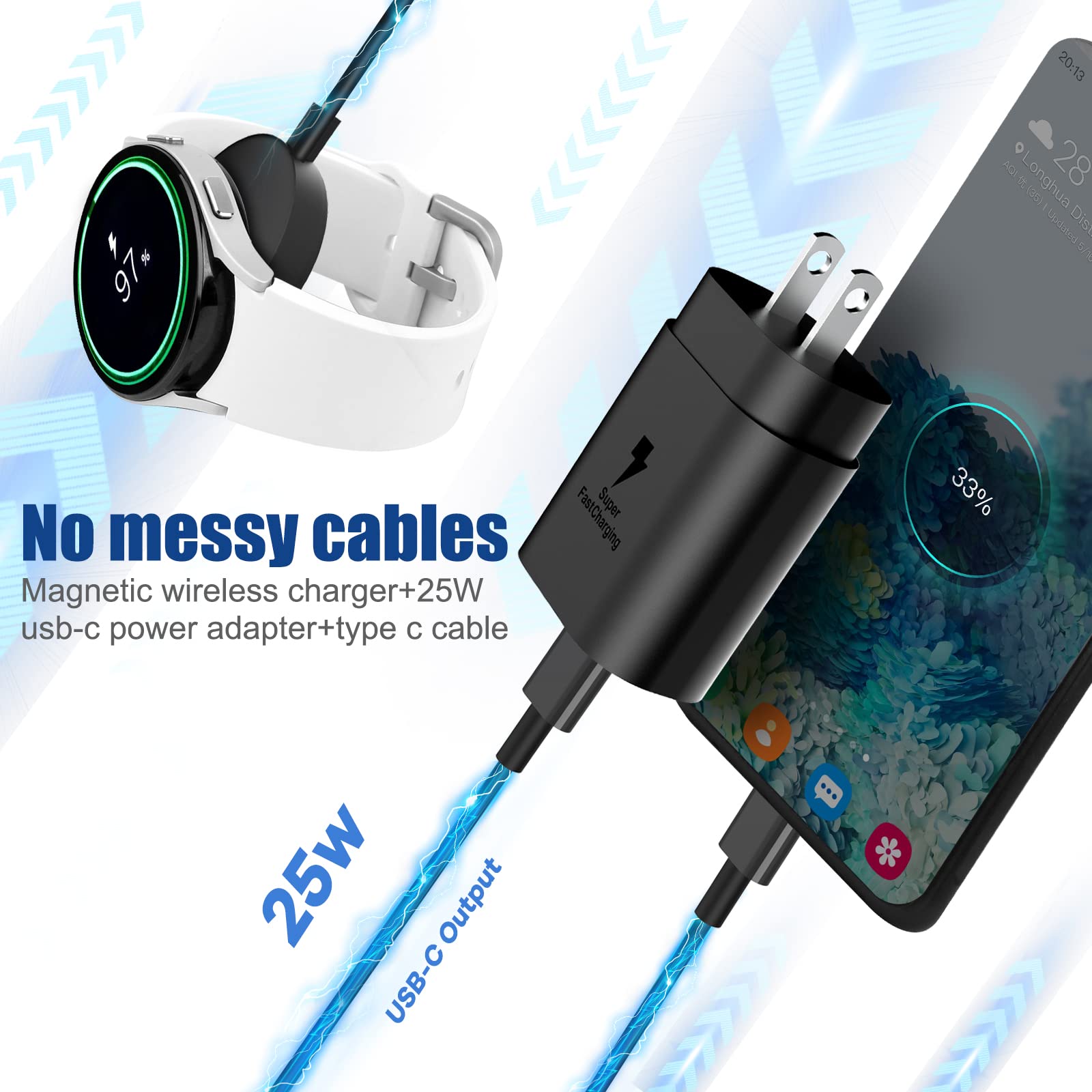 DuoCaiBao watch and phone charging setup on a desk.