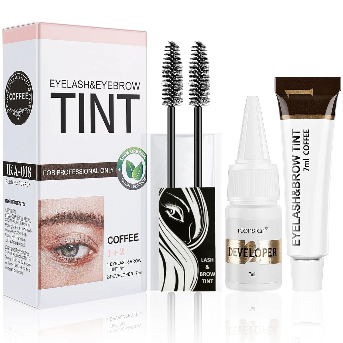 Duoffanny eyelash and eyebrow kit box contents for quick at-home coloring.