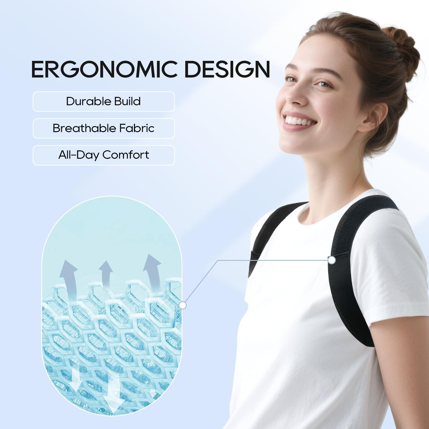 Duoorra back support worn under clothing for discreet improvement.