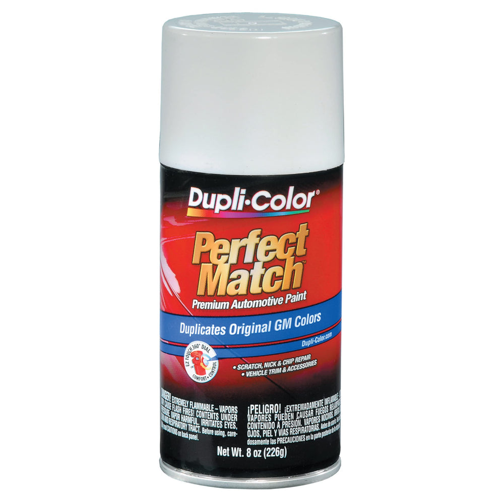 Dupli-Color Perfect Match spray paint can for GM Olympic White touch-ups.