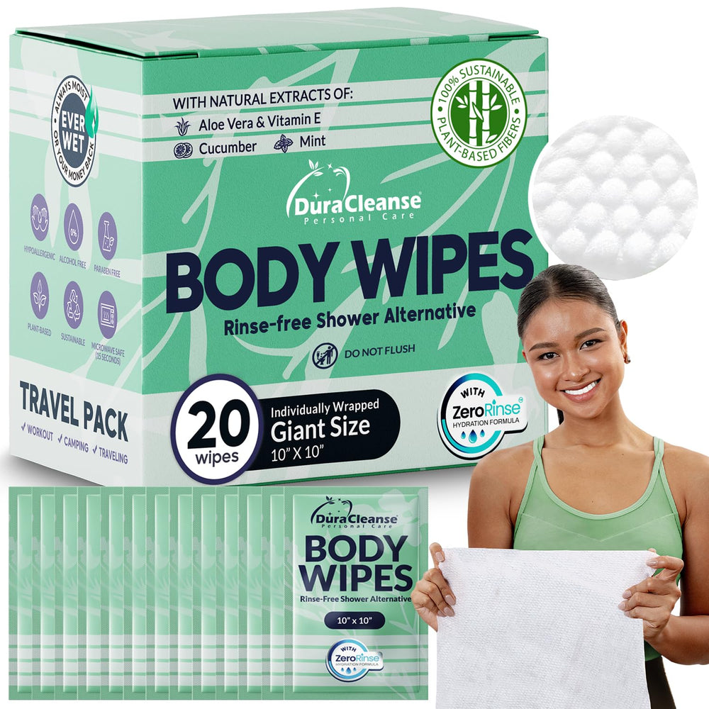 Dura Cleanse travel wipes pack shown for on-the-go freshness in a compact kit.