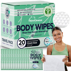 Dura Cleanse travel wipes pack shown for on-the-go freshness in a compact kit.