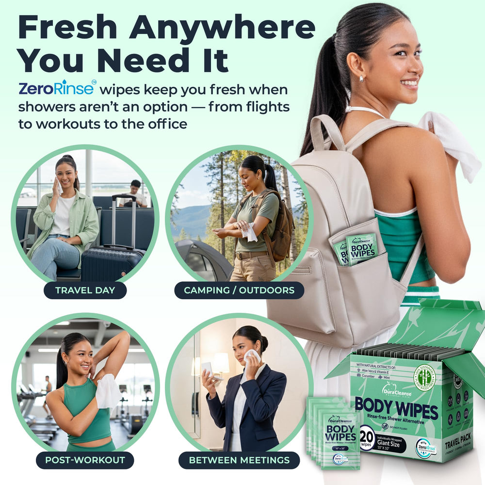 Dura Cleanse wipes with embossed texture for comfortable full-body cleansing.
